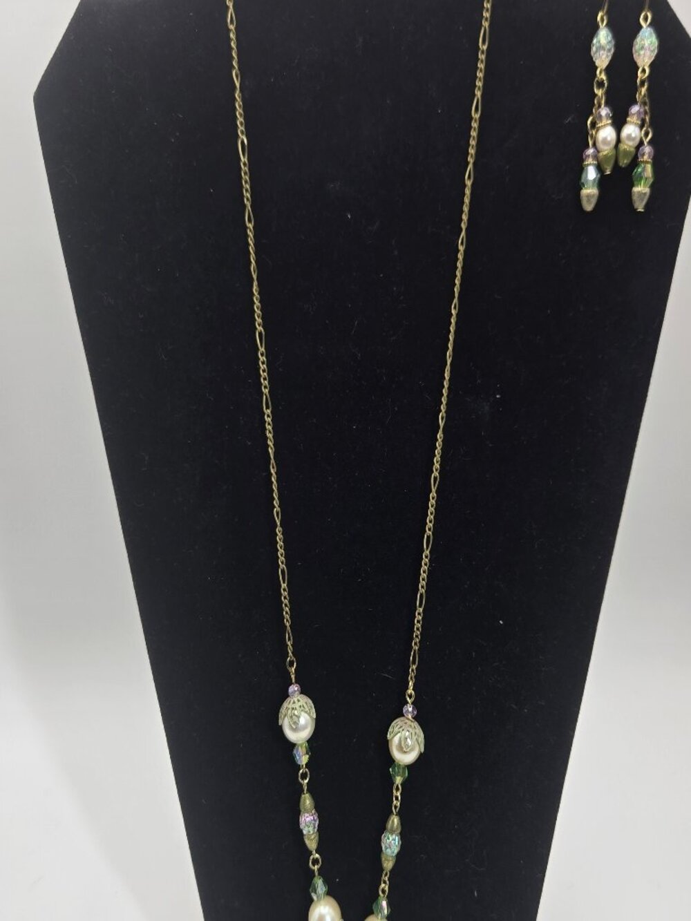 Iridescent Gold Tone Beaded Necklace & earring Set Handmade Item 52